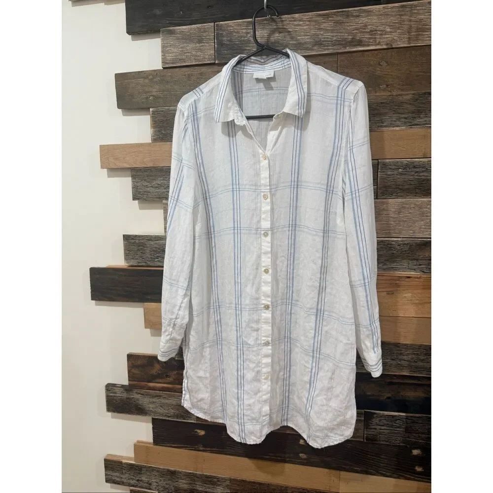 J. Jill Womens Love Linen Tunic button up Shirt Blue & White Plaid Size M Petite